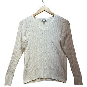 St. Johns Bay Womens Fisherman Sweater Small Petite Ivory Cable Knit Cozy